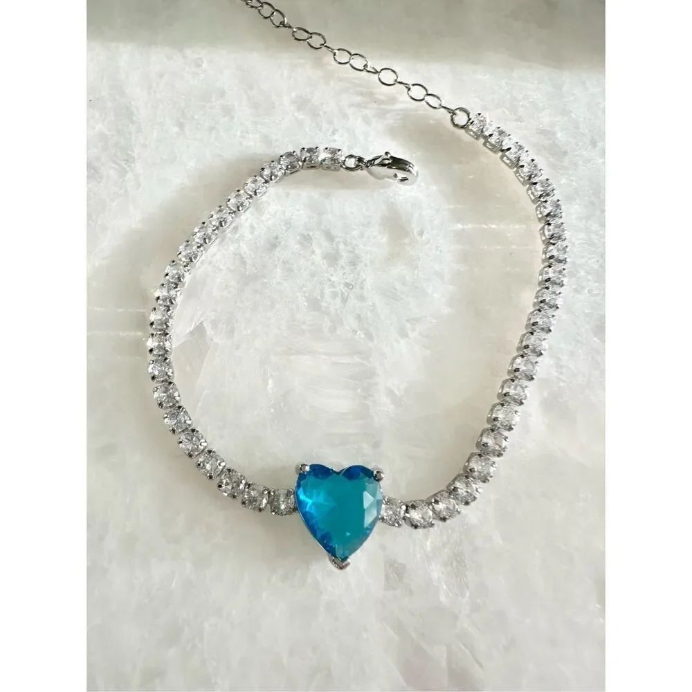 Cubic zirconia blue heart tennis bracelet